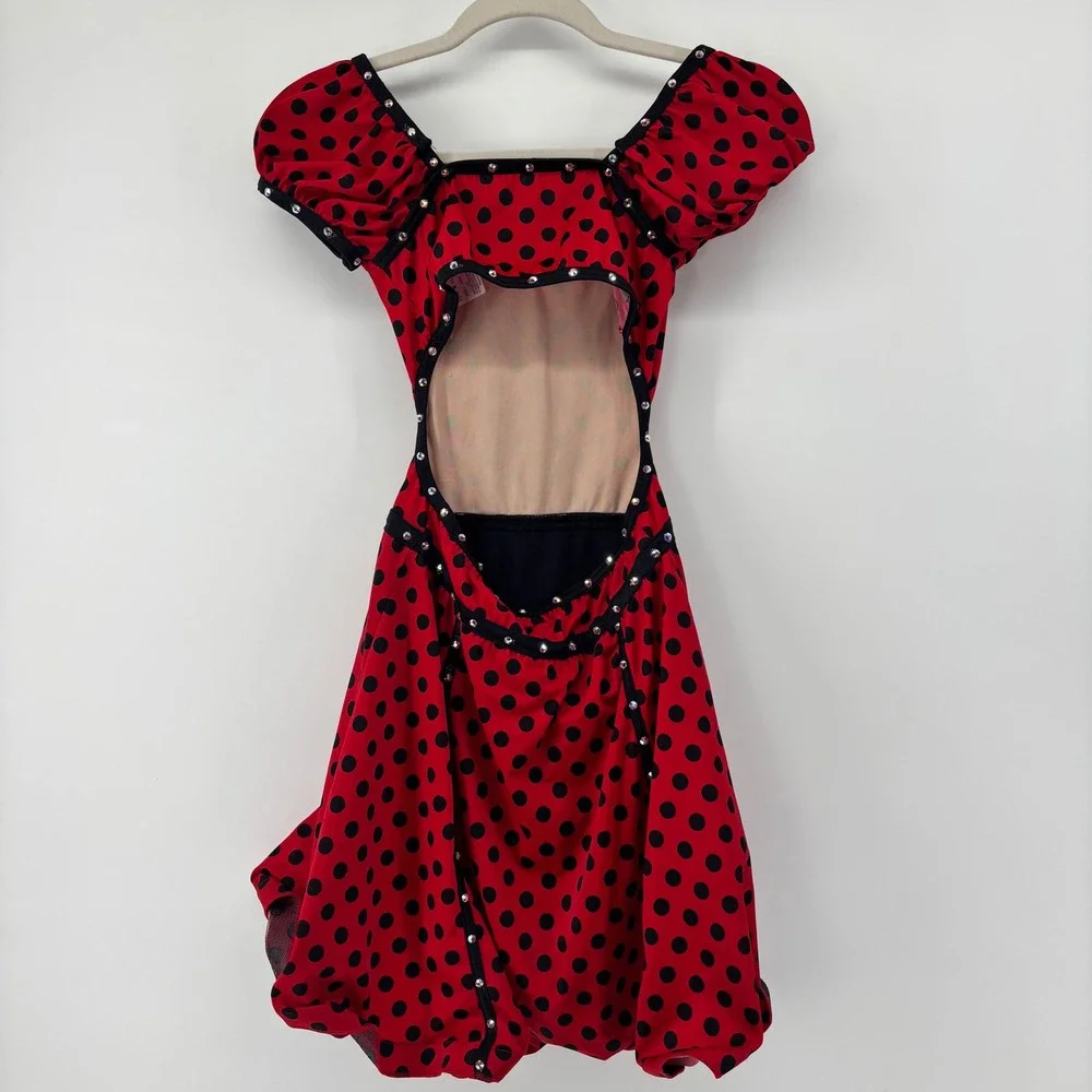 Ladybug Red Black Polka Dot Rhinestone Open Back Dance Costume Large Girls